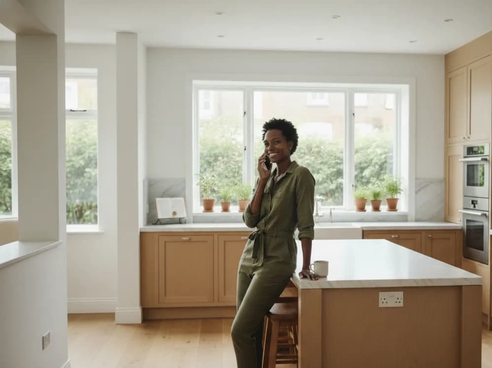 Woman speaking on phone in kitchen
