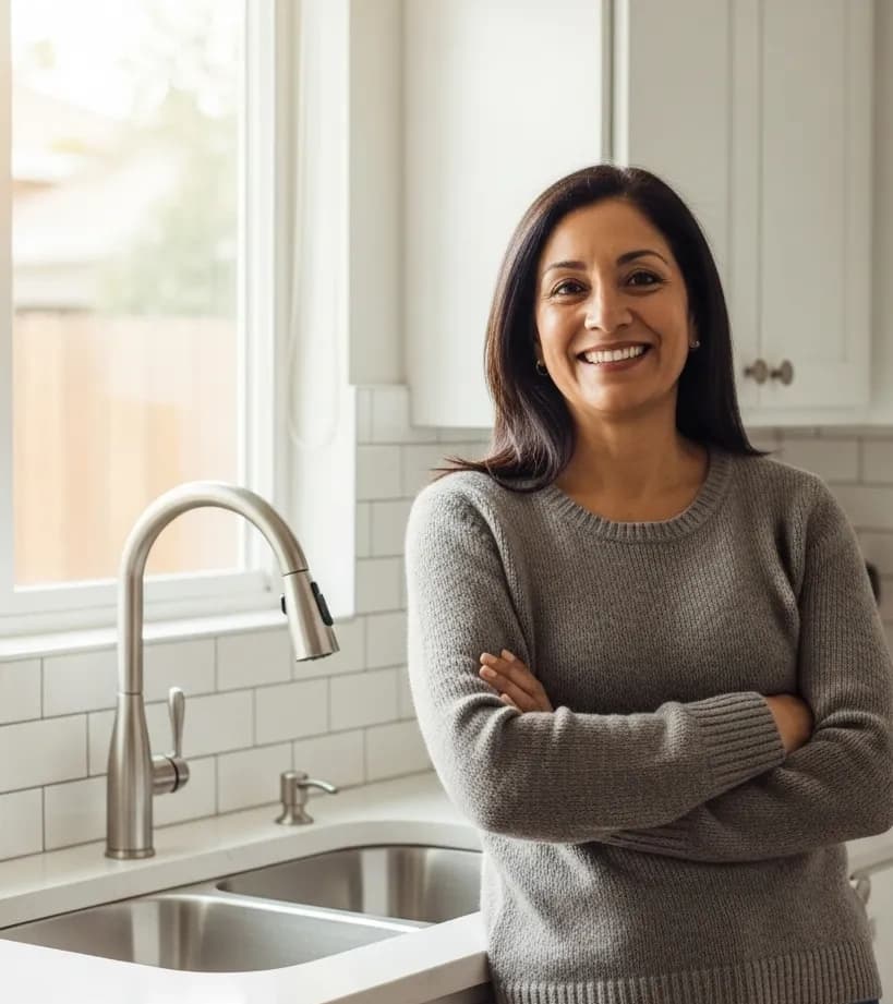 Smiling woman holding a mug in a modern green kitchen